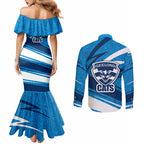 Geelong Cats Australian Football Couples Matching Mermaid Dress and Long Sleeve Button Shirt Fierce Cat Mascot With Indigenous Pattern Art