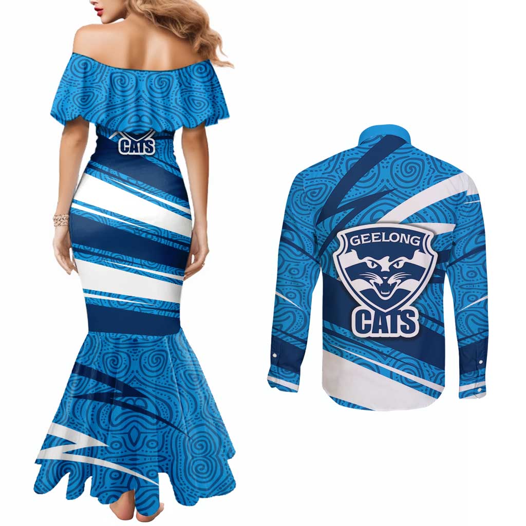 Geelong Cats Australian Football Couples Matching Mermaid Dress and Long Sleeve Button Shirt Fierce Cat Mascot With Indigenous Pattern Art