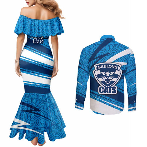 Geelong Cats Australian Football Couples Matching Mermaid Dress and Long Sleeve Button Shirt Fierce Cat Mascot With Indigenous Pattern Art