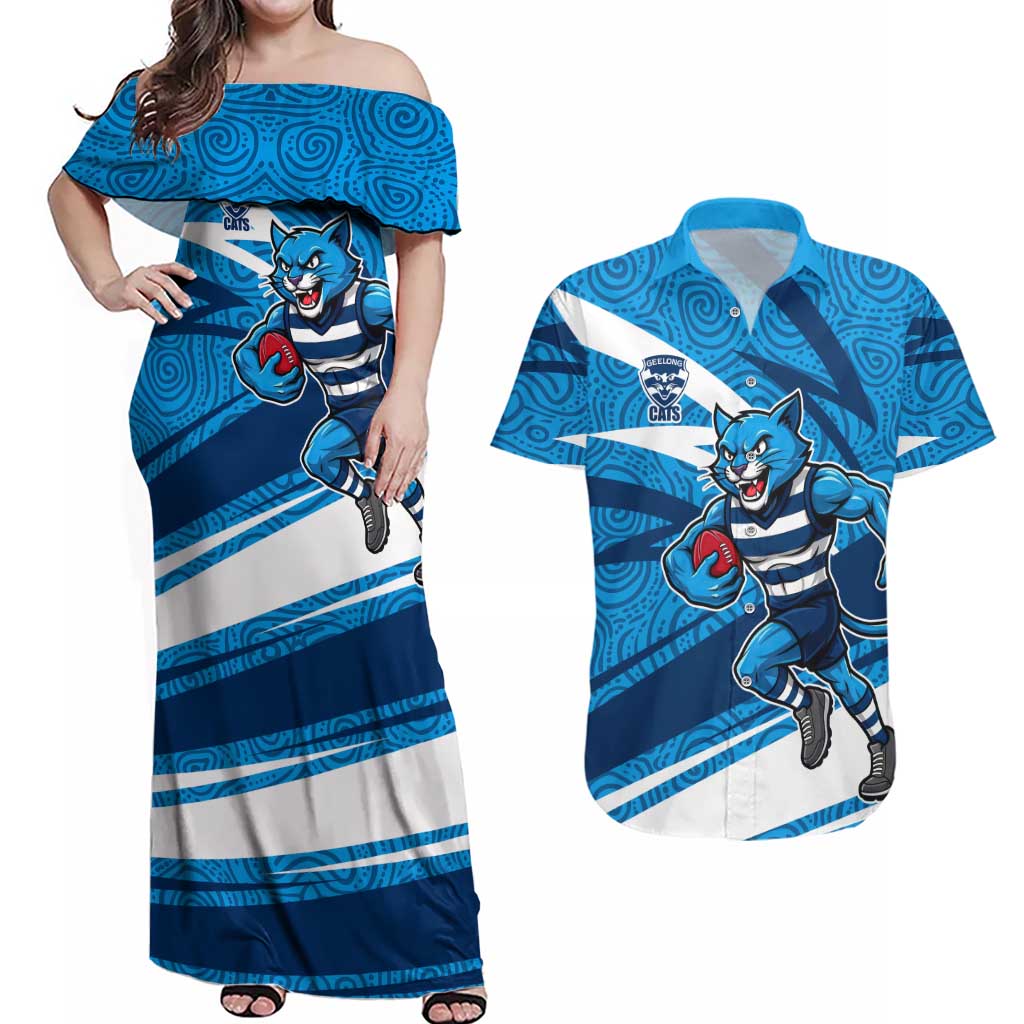 Geelong Cats Australian Football Couples Matching Off Shoulder Maxi Dress and Hawaiian Shirt Fierce Cat Mascot With Indigenous Pattern Art