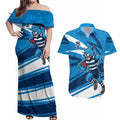 Geelong Cats Australian Football Couples Matching Off Shoulder Maxi Dress and Hawaiian Shirt Fierce Cat Mascot With Indigenous Pattern Art