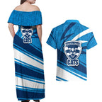 Geelong Cats Australian Football Couples Matching Off Shoulder Maxi Dress and Hawaiian Shirt Fierce Cat Mascot With Indigenous Pattern Art