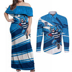 Geelong Cats Australian Football Couples Matching Off Shoulder Maxi Dress and Long Sleeve Button Shirt Fierce Cat Mascot With Indigenous Pattern Art