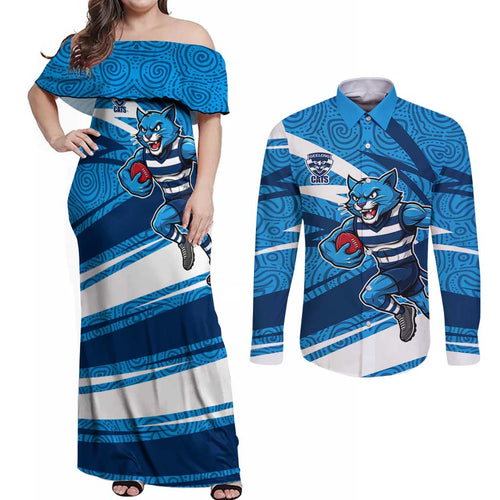 Geelong Cats Australian Football Couples Matching Off Shoulder Maxi Dress and Long Sleeve Button Shirt Fierce Cat Mascot With Indigenous Pattern Art