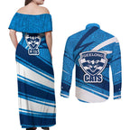 Geelong Cats Australian Football Couples Matching Off Shoulder Maxi Dress and Long Sleeve Button Shirt Fierce Cat Mascot With Indigenous Pattern Art