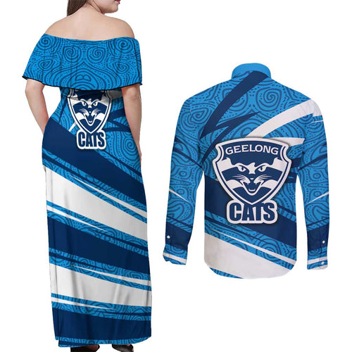 Geelong Cats Australian Football Couples Matching Off Shoulder Maxi Dress and Long Sleeve Button Shirt Fierce Cat Mascot With Indigenous Pattern Art