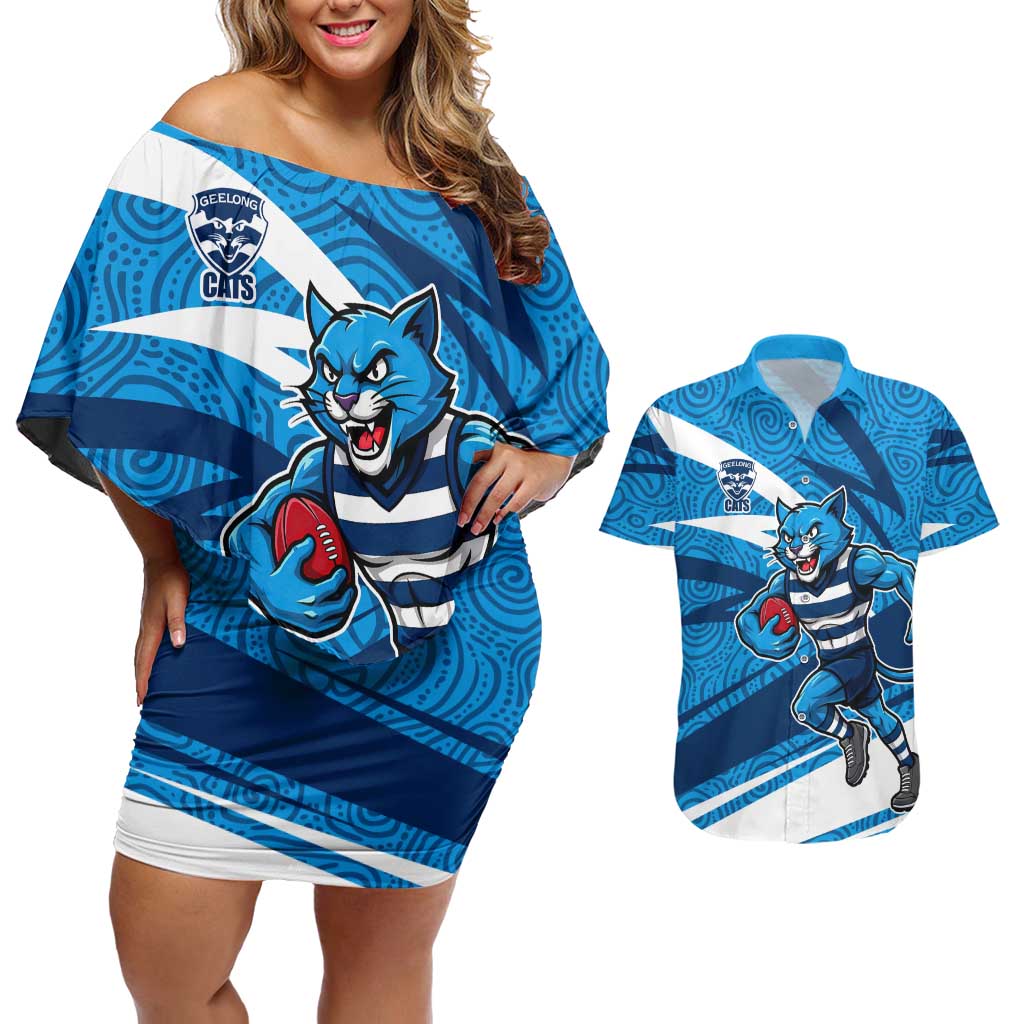 Geelong Cats Australian Football Couples Matching Off Shoulder Short Dress and Hawaiian Shirt Fierce Cat Mascot With Indigenous Pattern Art