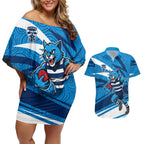 Geelong Cats Australian Football Couples Matching Off Shoulder Short Dress and Hawaiian Shirt Fierce Cat Mascot With Indigenous Pattern Art