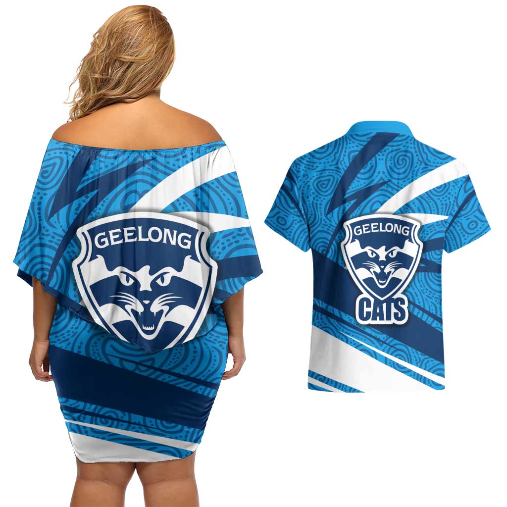 Geelong Cats Australian Football Couples Matching Off Shoulder Short Dress and Hawaiian Shirt Fierce Cat Mascot With Indigenous Pattern Art