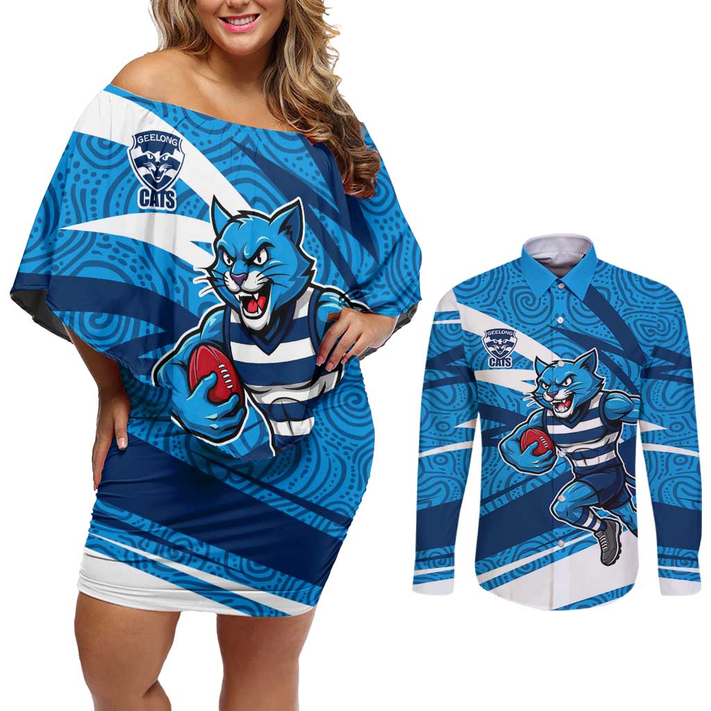 Geelong Cats Australian Football Couples Matching Off Shoulder Short Dress and Long Sleeve Button Shirt Fierce Cat Mascot With Indigenous Pattern Art