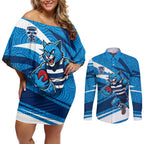 Geelong Cats Australian Football Couples Matching Off Shoulder Short Dress and Long Sleeve Button Shirt Fierce Cat Mascot With Indigenous Pattern Art