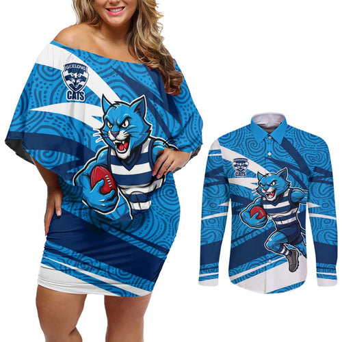 Geelong Cats Australian Football Couples Matching Off Shoulder Short Dress and Long Sleeve Button Shirt Fierce Cat Mascot With Indigenous Pattern Art