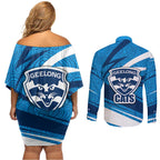 Geelong Cats Australian Football Couples Matching Off Shoulder Short Dress and Long Sleeve Button Shirt Fierce Cat Mascot With Indigenous Pattern Art