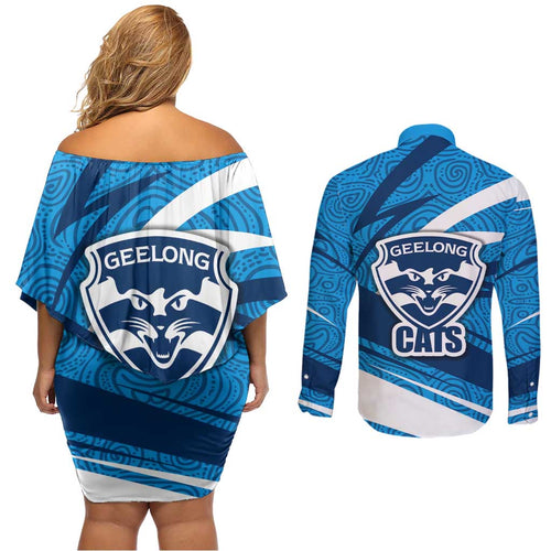 Geelong Cats Australian Football Couples Matching Off Shoulder Short Dress and Long Sleeve Button Shirt Fierce Cat Mascot With Indigenous Pattern Art