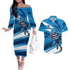 Geelong Cats Australian Football Couples Matching Off The Shoulder Long Sleeve Dress and Hawaiian Shirt Fierce Cat Mascot With Indigenous Pattern Art
