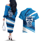 Geelong Cats Australian Football Couples Matching Off The Shoulder Long Sleeve Dress and Hawaiian Shirt Fierce Cat Mascot With Indigenous Pattern Art
