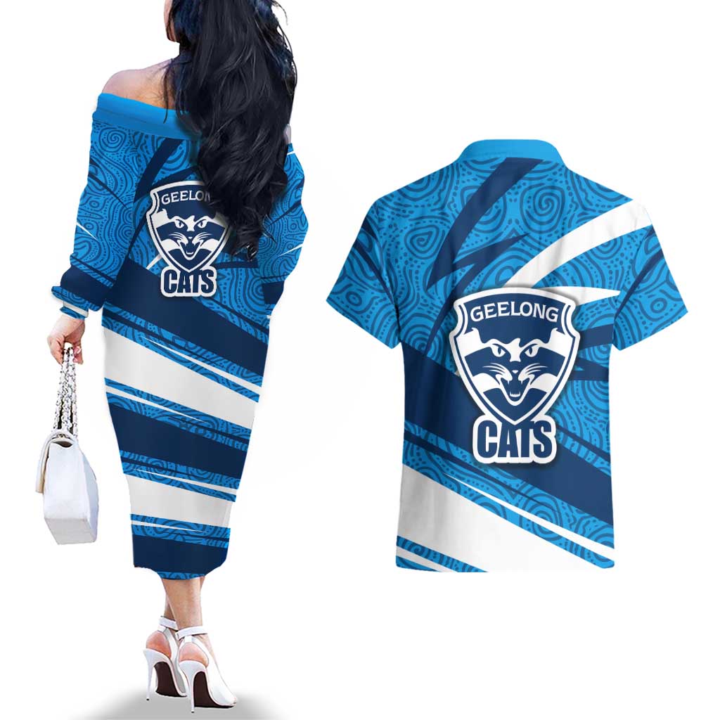 Geelong Cats Australian Football Couples Matching Off The Shoulder Long Sleeve Dress and Hawaiian Shirt Fierce Cat Mascot With Indigenous Pattern Art