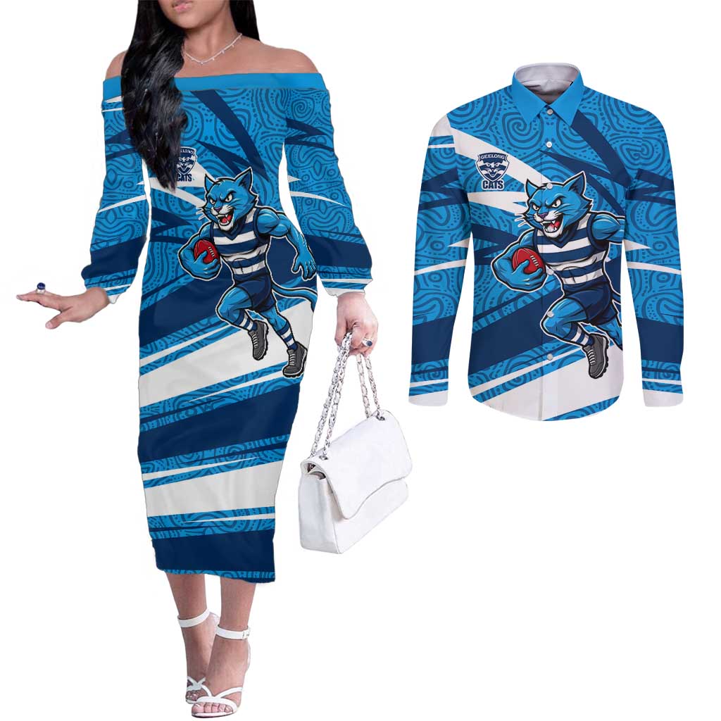 Geelong Cats Australian Football Couples Matching Off The Shoulder Long Sleeve Dress and Long Sleeve Button Shirt Fierce Cat Mascot With Indigenous Pattern Art