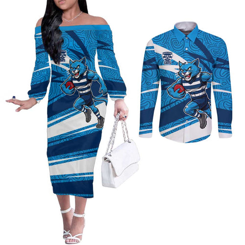 Geelong Cats Australian Football Couples Matching Off The Shoulder Long Sleeve Dress and Long Sleeve Button Shirt Fierce Cat Mascot With Indigenous Pattern Art