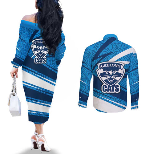 Geelong Cats Australian Football Couples Matching Off The Shoulder Long Sleeve Dress and Long Sleeve Button Shirt Fierce Cat Mascot With Indigenous Pattern Art