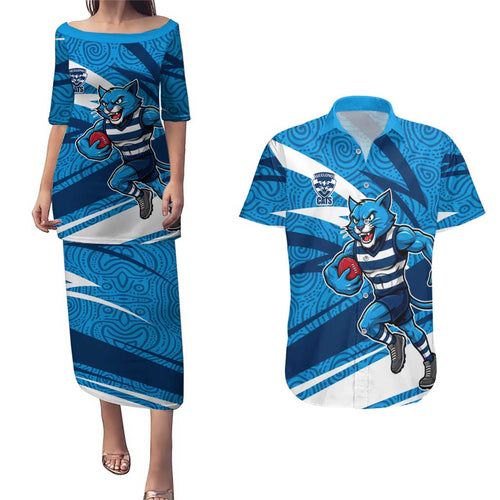 Geelong Cats Australian Football Couples Matching Puletasi and Hawaiian Shirt Fierce Cat Mascot With Indigenous Pattern Art