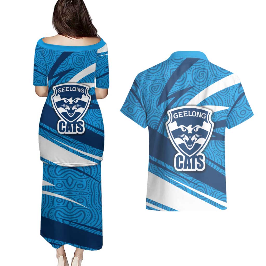 Geelong Cats Australian Football Couples Matching Puletasi and Hawaiian Shirt Fierce Cat Mascot With Indigenous Pattern Art