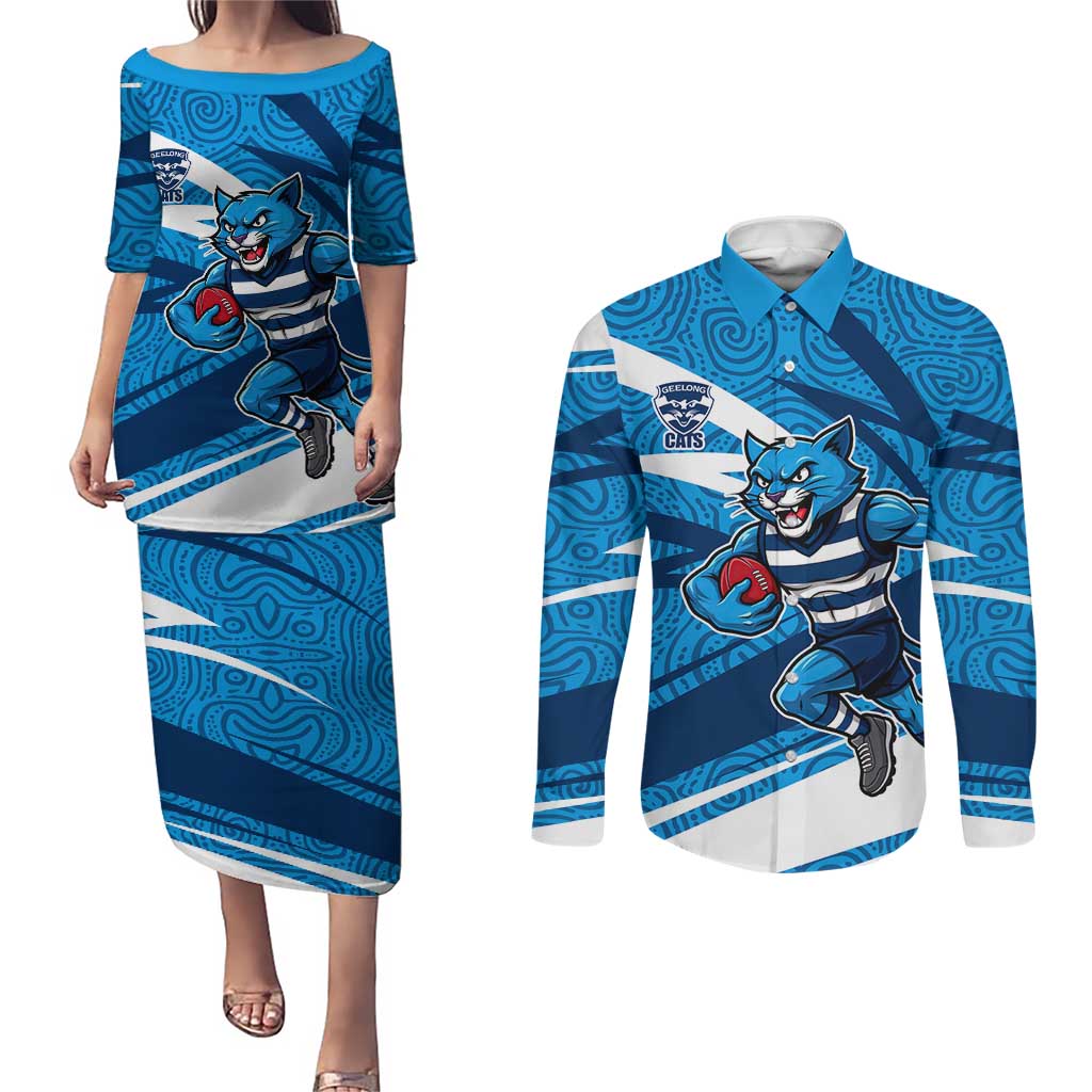 Geelong Cats Australian Football Couples Matching Puletasi and Long Sleeve Button Shirt Fierce Cat Mascot With Indigenous Pattern Art