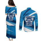 Geelong Cats Australian Football Couples Matching Puletasi and Long Sleeve Button Shirt Fierce Cat Mascot With Indigenous Pattern Art