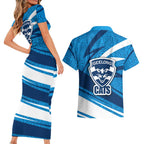 Geelong Cats Australian Football Couples Matching Short Sleeve Bodycon Dress and Hawaiian Shirt Fierce Cat Mascot With Indigenous Pattern Art