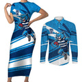 Geelong Cats Australian Football Couples Matching Short Sleeve Bodycon Dress and Long Sleeve Button Shirt Fierce Cat Mascot With Indigenous Pattern Art