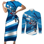 Geelong Cats Australian Football Couples Matching Short Sleeve Bodycon Dress and Long Sleeve Button Shirt Fierce Cat Mascot With Indigenous Pattern Art
