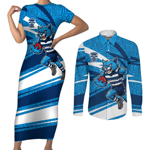 Geelong Cats Australian Football Couples Matching Short Sleeve Bodycon Dress and Long Sleeve Button Shirt Fierce Cat Mascot With Indigenous Pattern Art