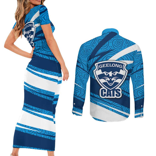 Geelong Cats Australian Football Couples Matching Short Sleeve Bodycon Dress and Long Sleeve Button Shirt Fierce Cat Mascot With Indigenous Pattern Art