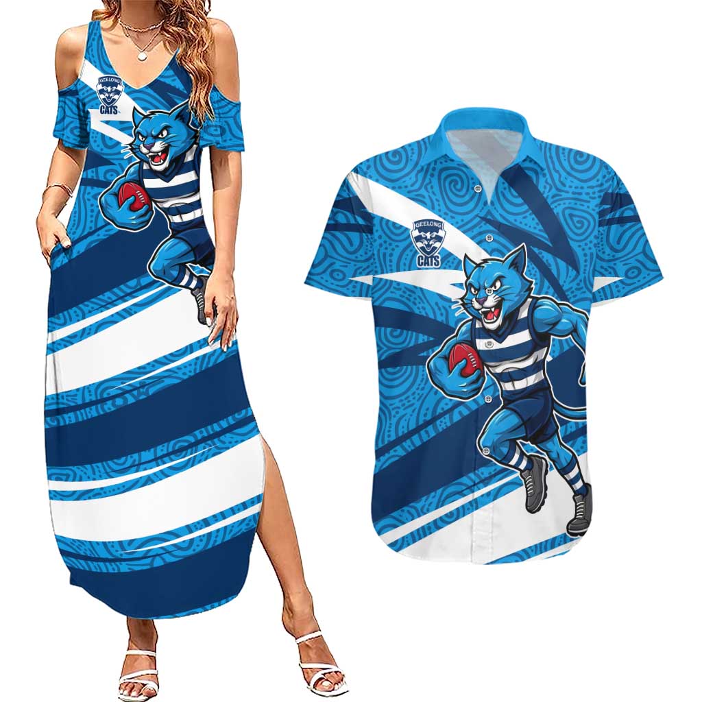 Geelong Cats Australian Football Couples Matching Summer Maxi Dress and Hawaiian Shirt Fierce Cat Mascot With Indigenous Pattern Art
