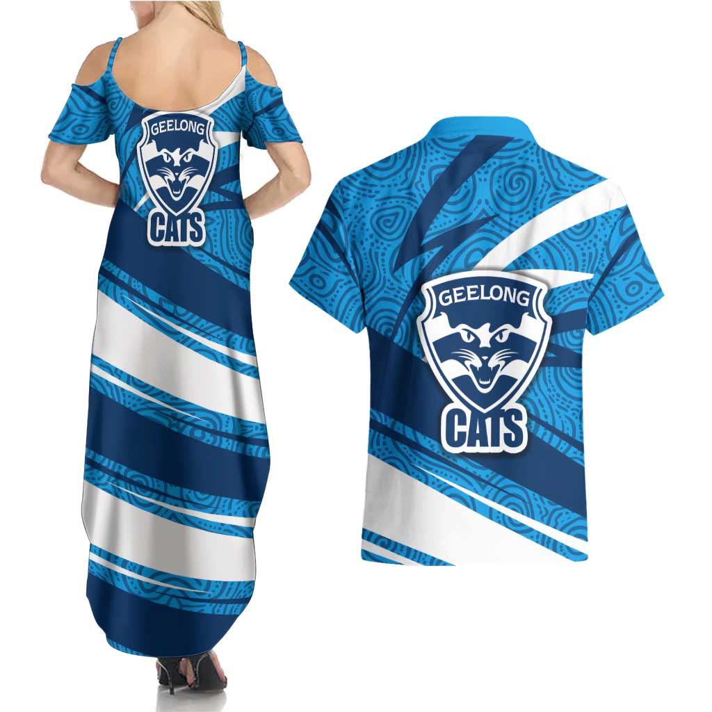Geelong Cats Australian Football Couples Matching Summer Maxi Dress and Hawaiian Shirt Fierce Cat Mascot With Indigenous Pattern Art