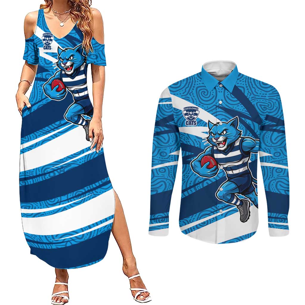 Geelong Cats Australian Football Couples Matching Summer Maxi Dress and Long Sleeve Button Shirt Fierce Cat Mascot With Indigenous Pattern Art