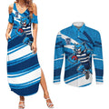 Geelong Cats Australian Football Couples Matching Summer Maxi Dress and Long Sleeve Button Shirt Fierce Cat Mascot With Indigenous Pattern Art