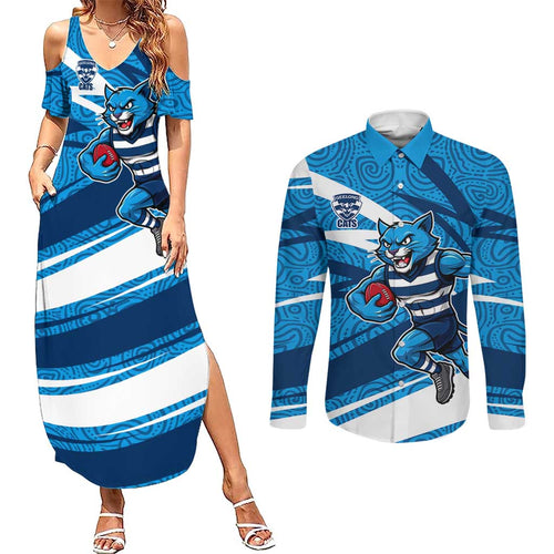 Geelong Cats Australian Football Couples Matching Summer Maxi Dress and Long Sleeve Button Shirt Fierce Cat Mascot With Indigenous Pattern Art