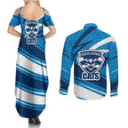 Geelong Cats Australian Football Couples Matching Summer Maxi Dress and Long Sleeve Button Shirt Fierce Cat Mascot With Indigenous Pattern Art