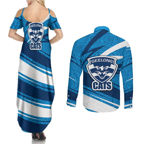 Geelong Cats Australian Football Couples Matching Summer Maxi Dress and Long Sleeve Button Shirt Fierce Cat Mascot With Indigenous Pattern Art