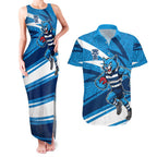 Geelong Cats Australian Football Couples Matching Tank Maxi Dress and Hawaiian Shirt Fierce Cat Mascot With Indigenous Pattern Art