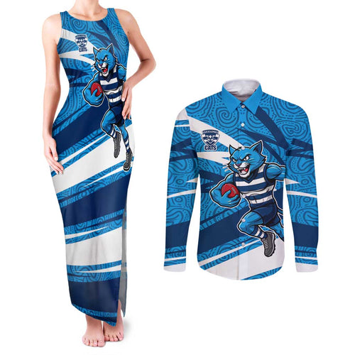 Geelong Cats Australian Football Couples Matching Tank Maxi Dress and Long Sleeve Button Shirt Fierce Cat Mascot With Indigenous Pattern Art