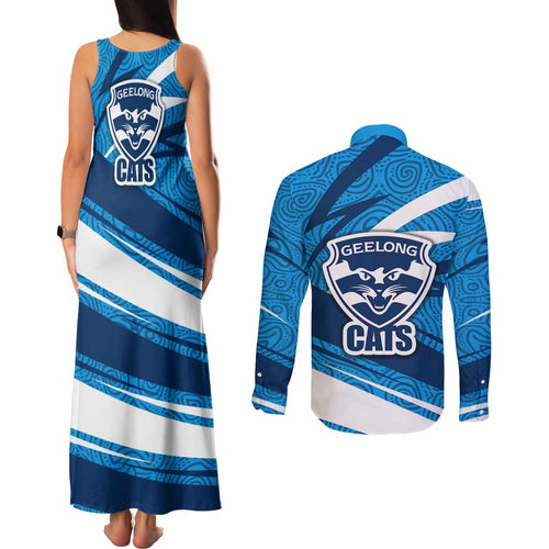 Geelong Cats Australian Football Couples Matching Tank Maxi Dress and Long Sleeve Button Shirt Fierce Cat Mascot With Indigenous Pattern Art