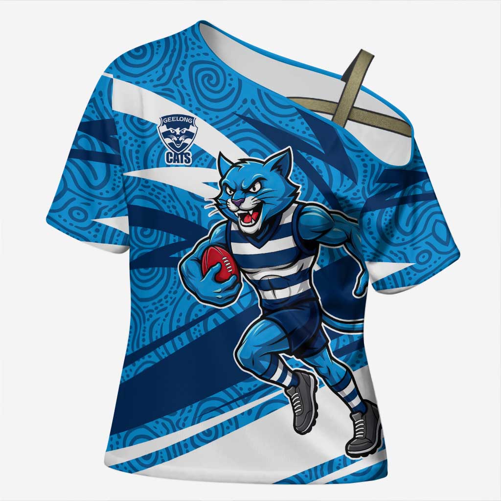 Geelong Cats Australian Football Cross Shoulder Shirt Fierce Cat Mascot With Indigenous Pattern Art