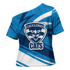 Geelong Cats Australian Football Cross Shoulder Shirt Fierce Cat Mascot With Indigenous Pattern Art