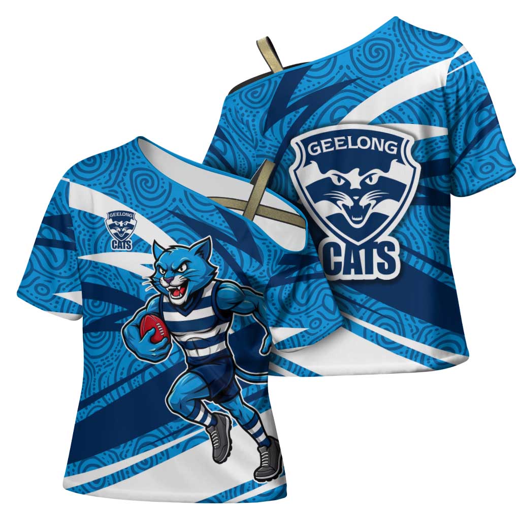 Geelong Cats Australian Football Cross Shoulder Shirt Fierce Cat Mascot With Indigenous Pattern Art