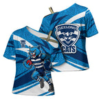 Geelong Cats Australian Football Cross Shoulder Shirt Fierce Cat Mascot With Indigenous Pattern Art