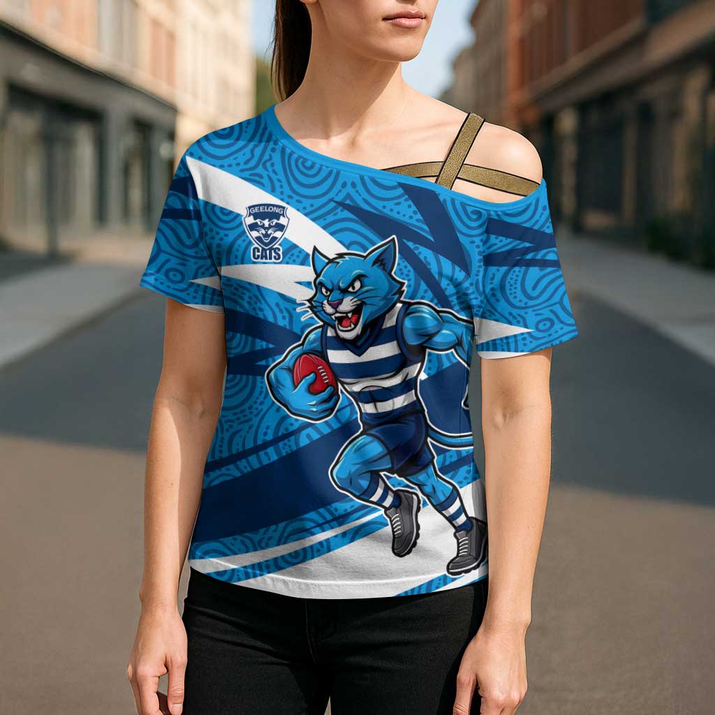 Geelong Cats Australian Football Cross Shoulder Shirt Fierce Cat Mascot With Indigenous Pattern Art