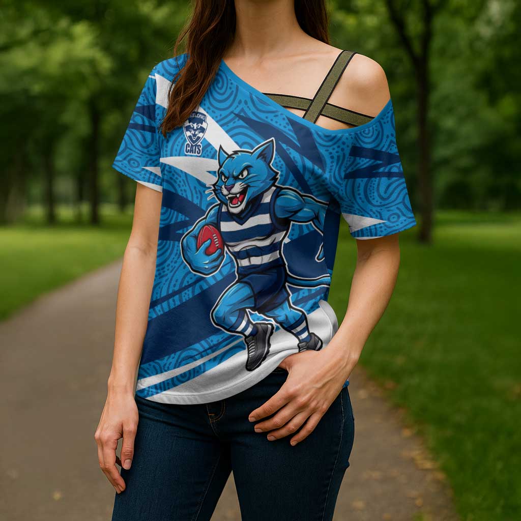 Geelong Cats Australian Football Cross Shoulder Shirt Fierce Cat Mascot With Indigenous Pattern Art