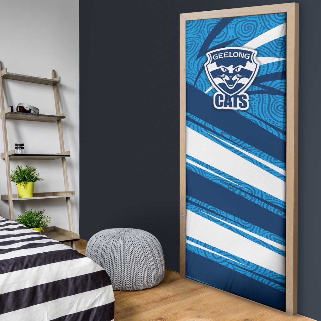 Geelong Cats Australian Football Door Cover Fierce Cat Mascot With Indigenous Pattern Art